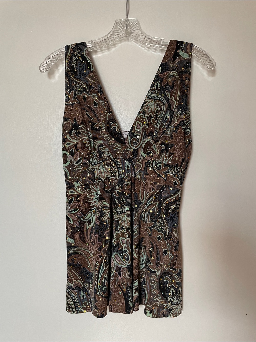 Body Central Brown Paisley V-Neck Sleeveless Blouse with Mint Accents
